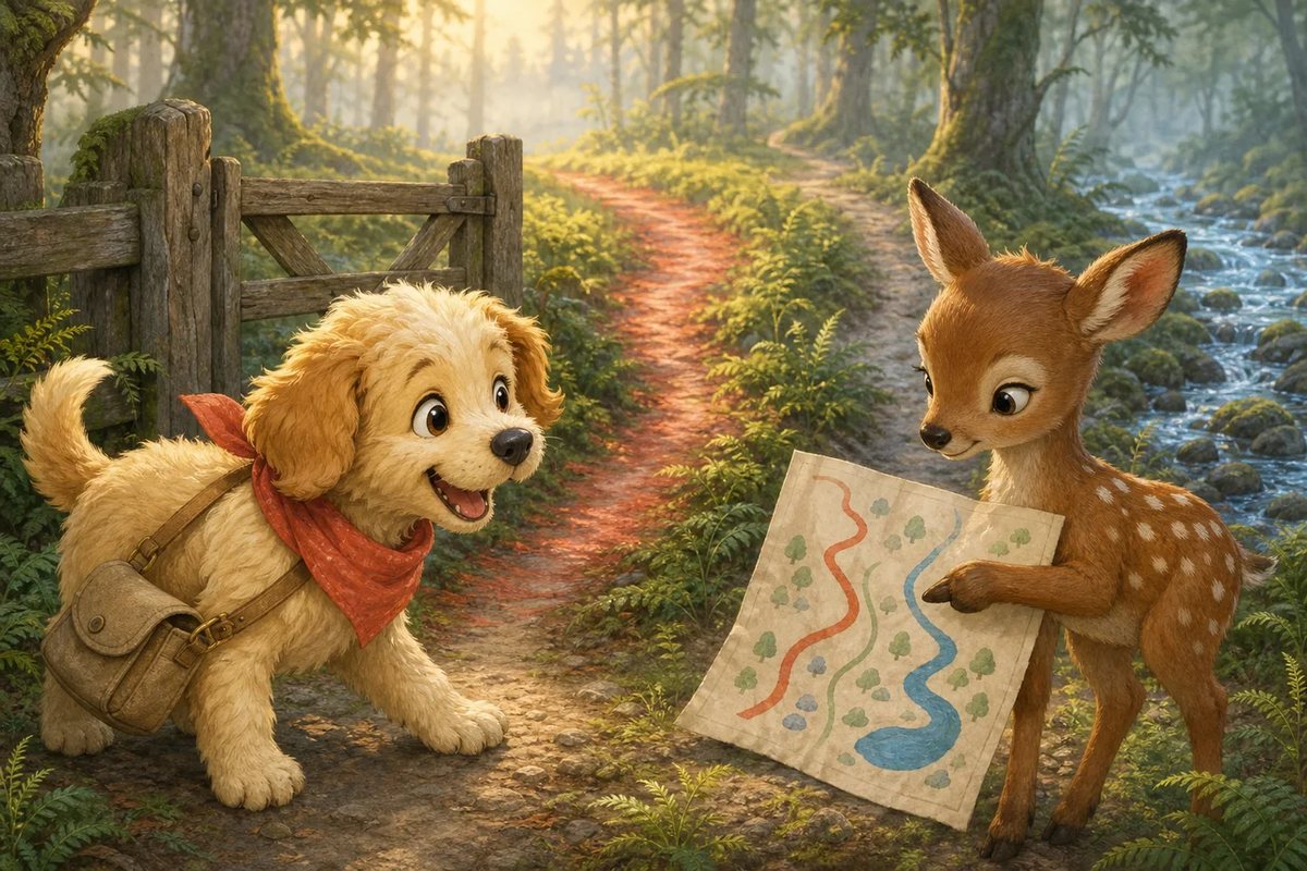 Ginger-Deer points to a pencilled path on the map while Biscuit-Bouncer looks.