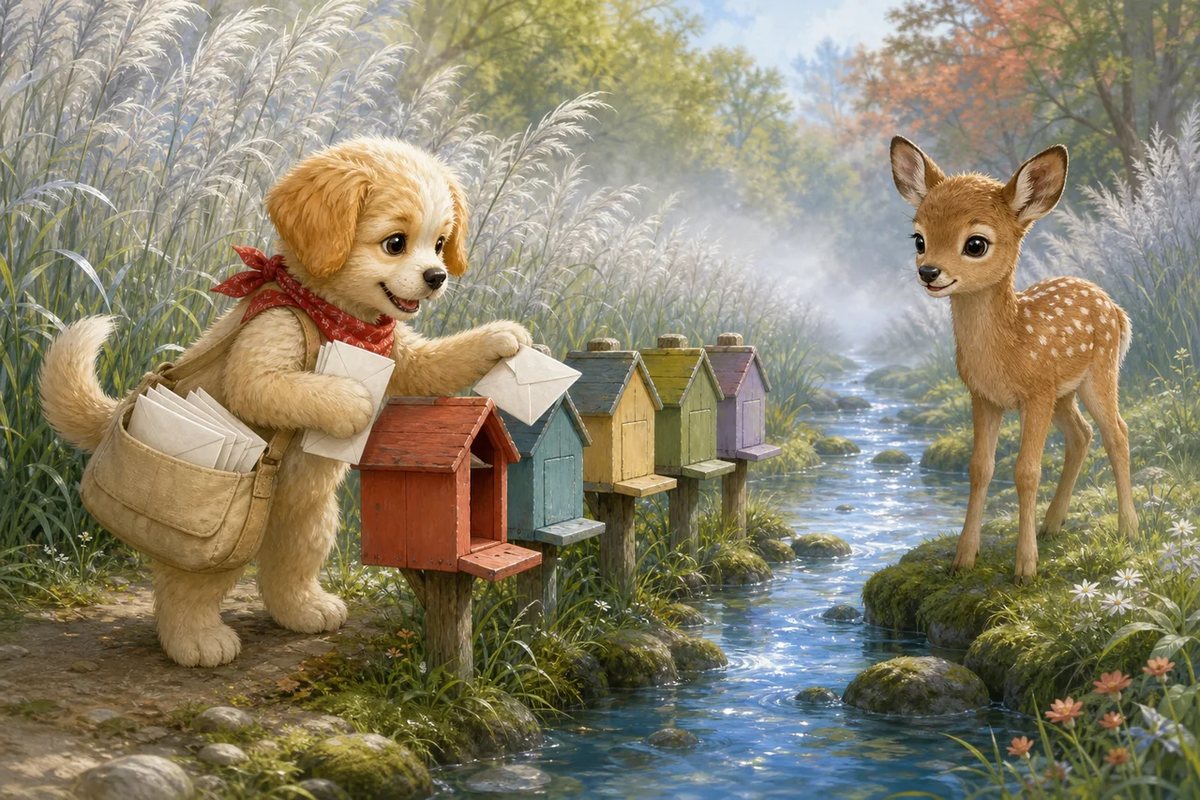 Biscuit-Bouncer posts letters into little painted mailboxes by the creek as Ginger-Deer watches.