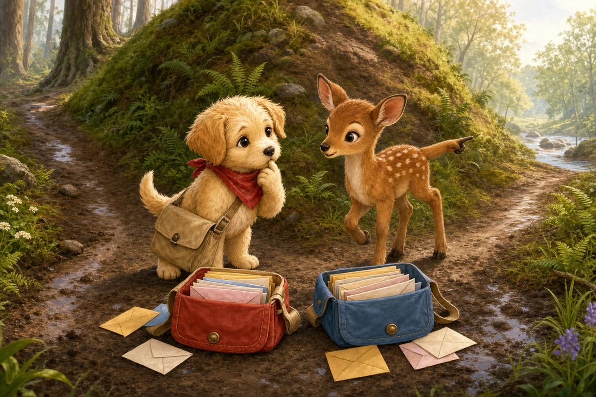 Biscuit-Bouncer and Ginger-Deer split the invitations into two bags at the foot of a muddy hill.