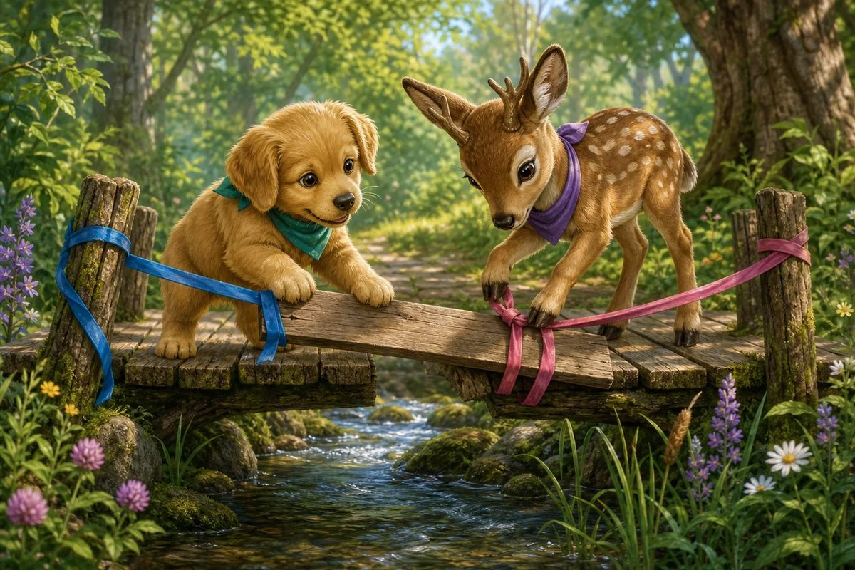 The friends tie ribbon across a wobbly plank bridge to mark a safe crossing.