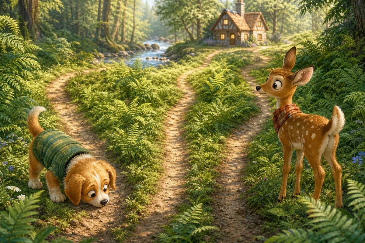 Biscuit-Bouncer sniffs one of three fern paths while Ginger-Deer checks another.