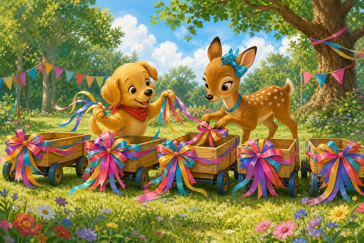 Ginger-Deer and Biscuit-Bouncer tie ribbon bows on five little wagons.