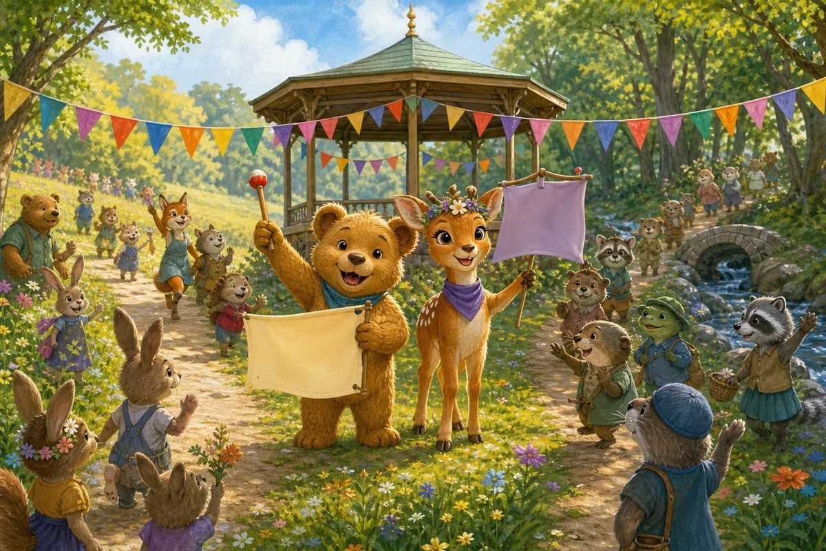Biscuit-Bouncer and a crowd of woodland friends gather at the parade field.