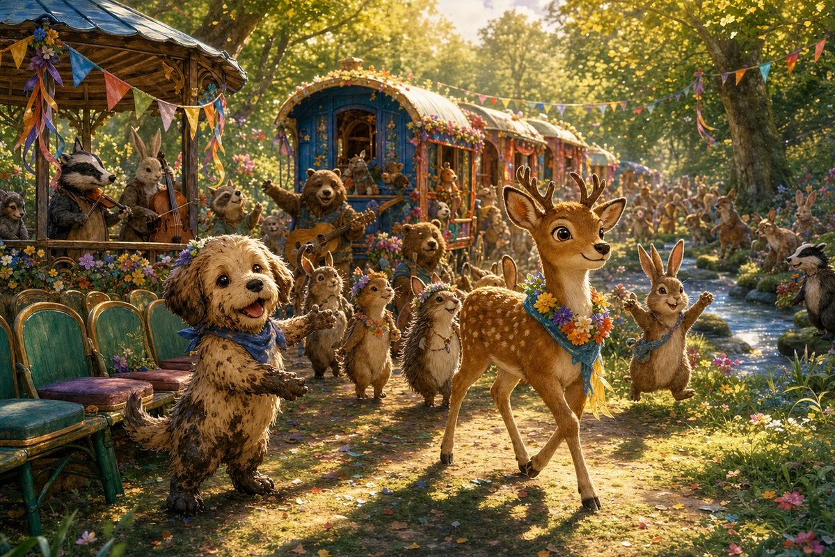Ginger-Deer leads the parade with Biscuit-Bouncer beside her.