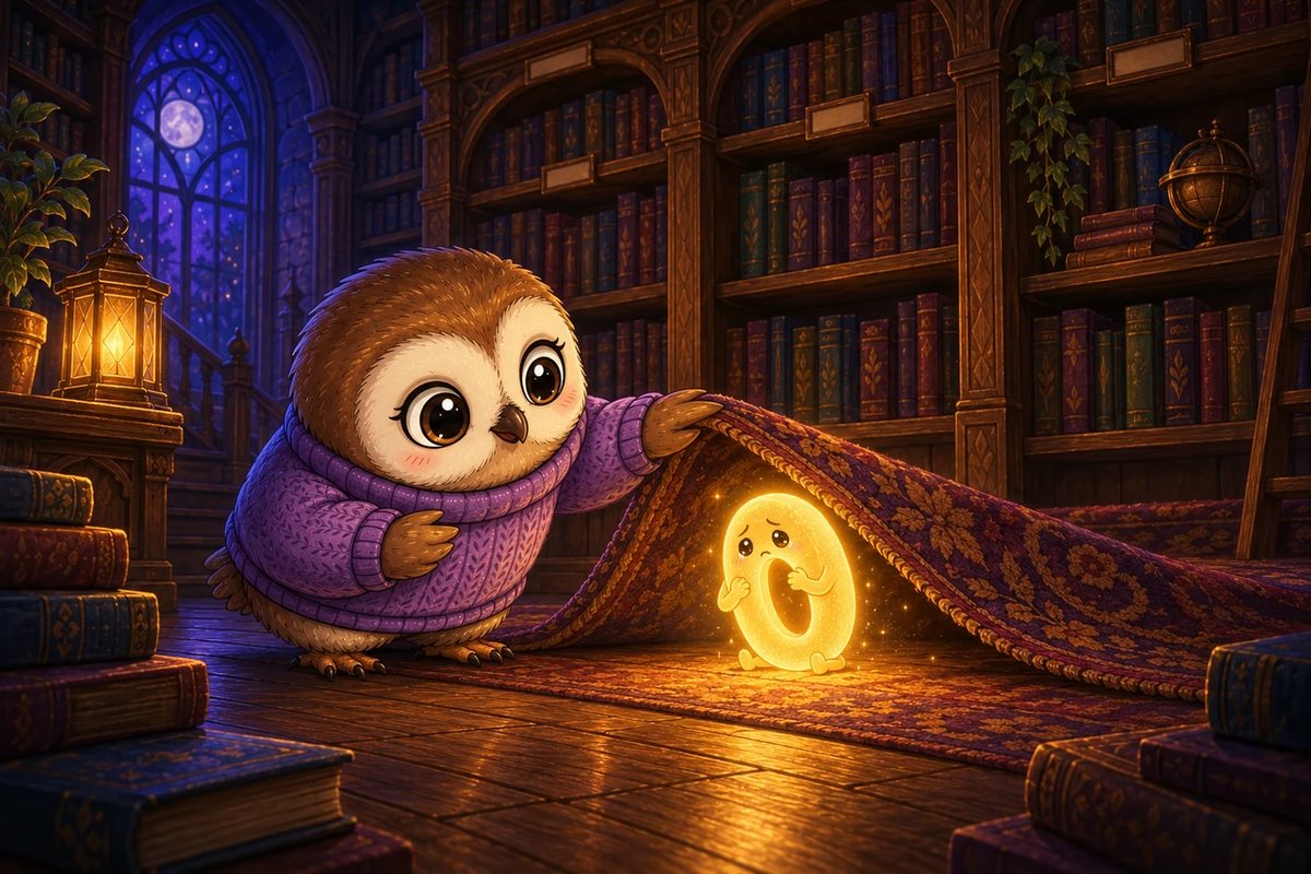 Booklava, a small brown owl in a purple jumper, lifts the reading rug to find Zero, a glowing golden 0 with a worried face.