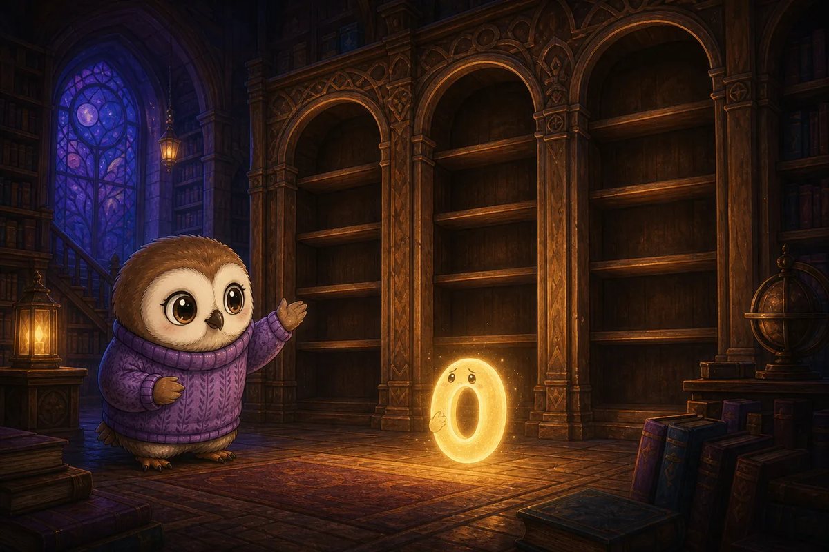 Booklava points across an echoing hall of empty arched shelves towards Zero glowing on the floor.