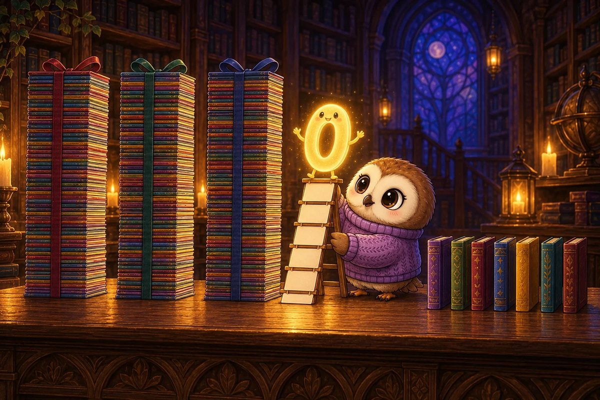 Three tall stacks of books stand beside a little ladder where Zero stands proudly, with seven single books on the other side and Booklava holding the ladder.