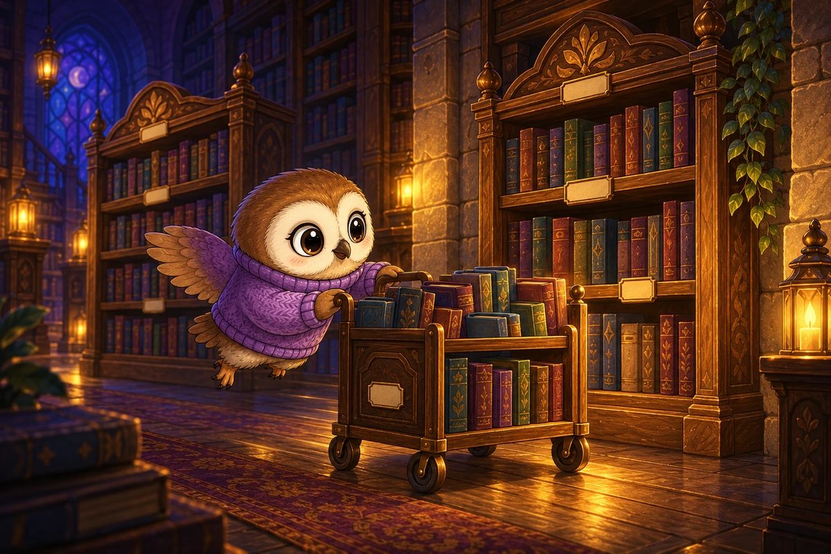 Booklava flies alongside a rolling book cart, steering it towards the nearer bookcase.
