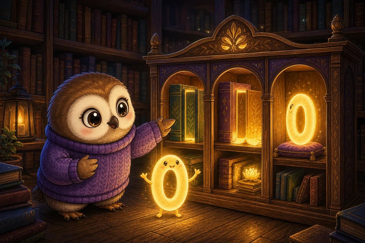 Zero, glowing and smiling, stands beside Booklava in front of a carved shelf with a golden 0 in its third arch.