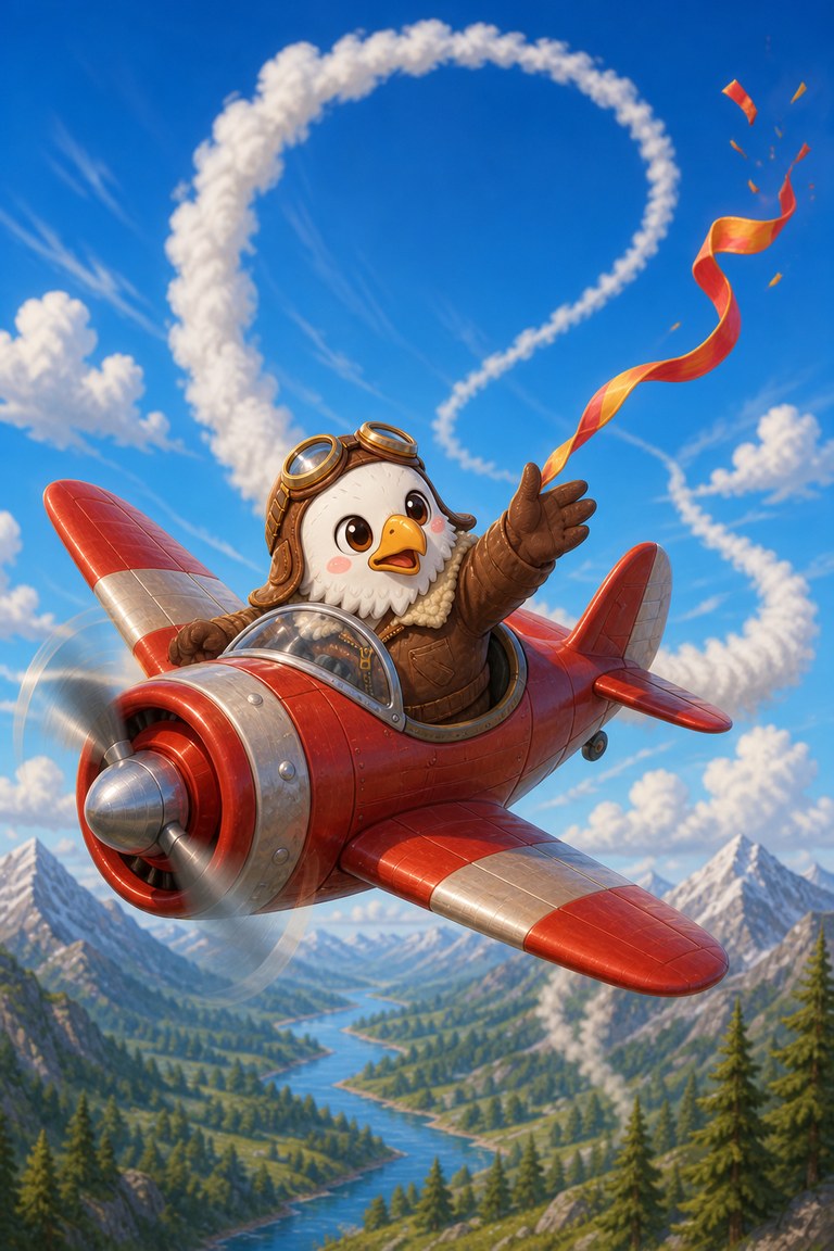 Captain Beakon reaches from his red plane as a red-and-gold ribbon tears free above a river valley.