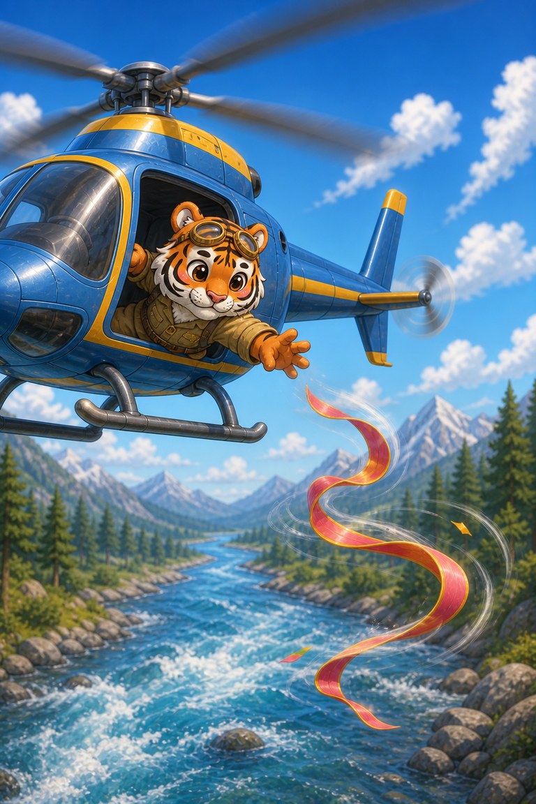 Stripe-Scout reaches from a blue helicopter toward the ribbon drifting over the river.