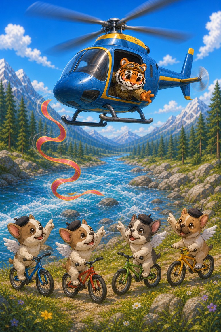 Four Baby Bulldogs on bicycles point toward the drifting ribbon beneath Stripe-Scout's helicopter.