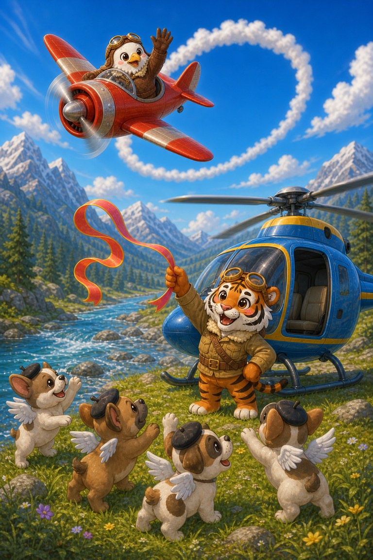 Stripe-Scout holds the recovered ribbon beside her landed helicopter as the Bulldogs and Captain Beakon wave.