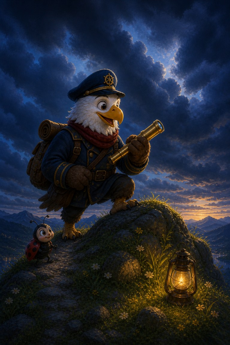 Captain Beakon carries his telescope up a hill at dusk as clouds roll in.