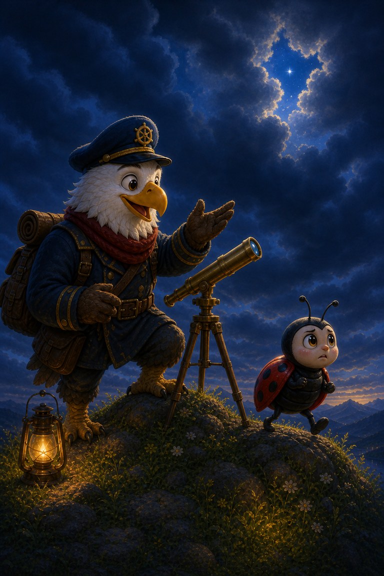 Luckybug points to a gap in the clouds while Captain Beakon sets up the telescope.