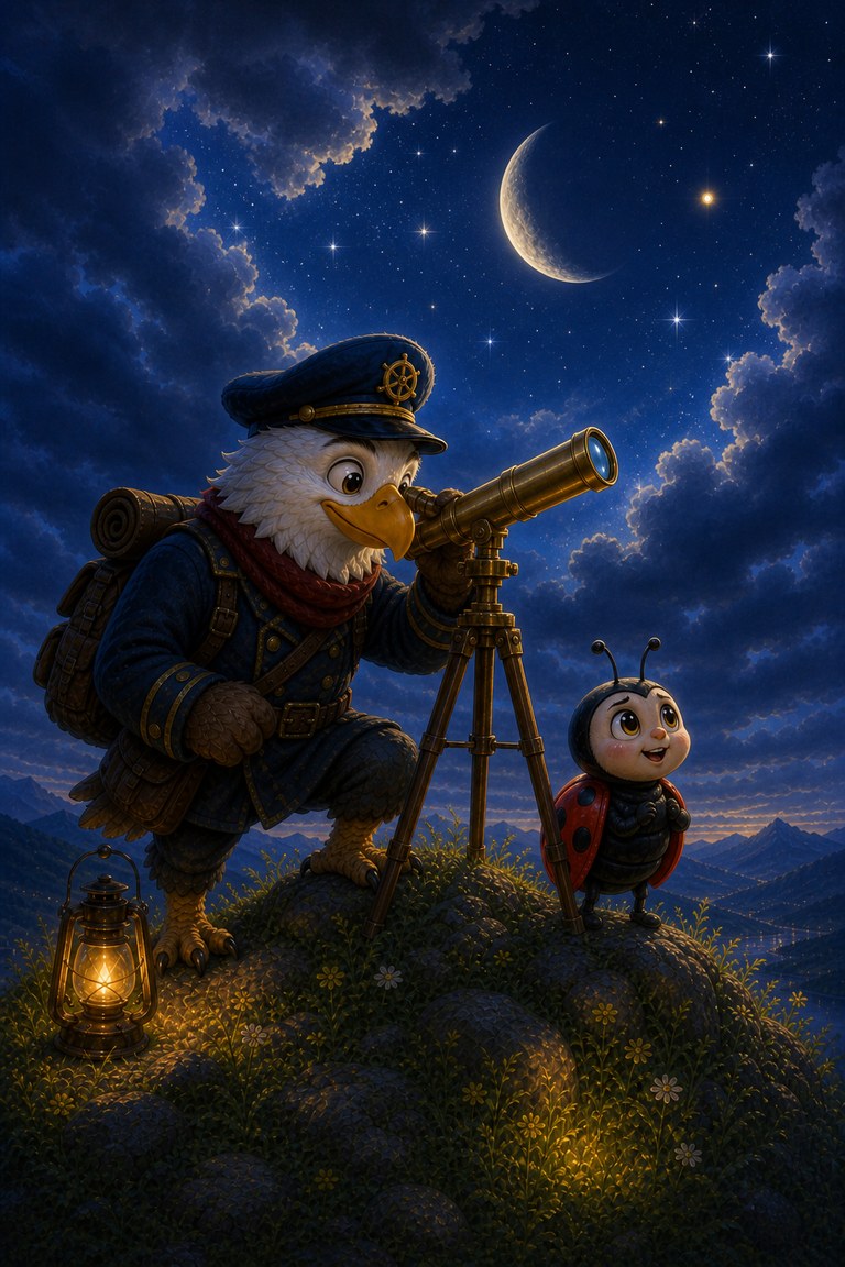 Captain Beakon looks through the telescope as the sky clears beside a crescent moon.