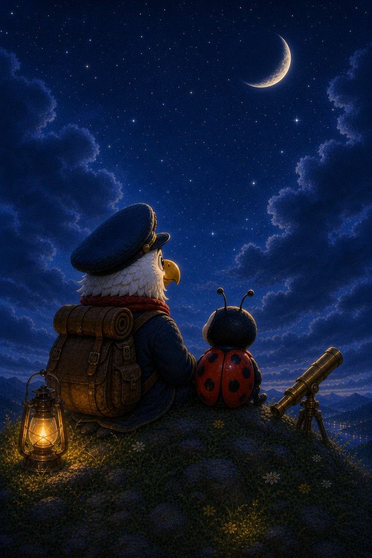 Captain Beakon and Luckybug sit together on the hilltop under the stars.