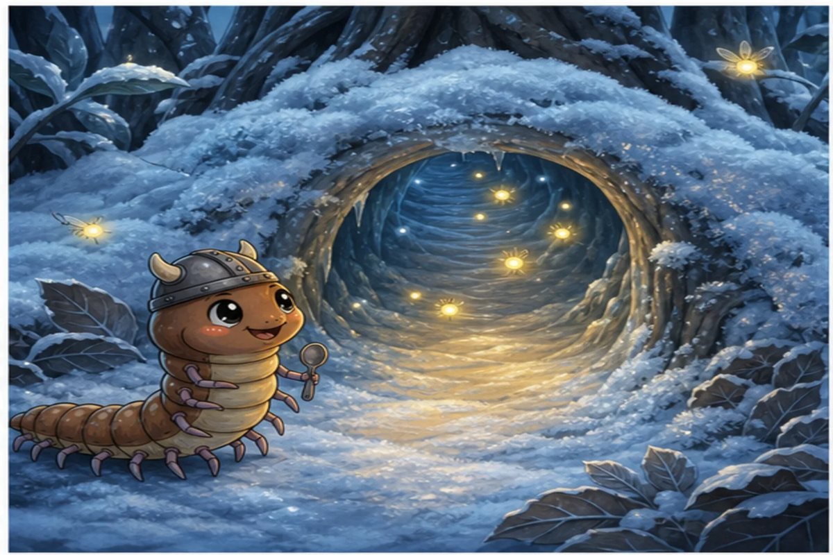Centi-Peed stands at the entrance of a frosty burrow lit by tiny fireflies.