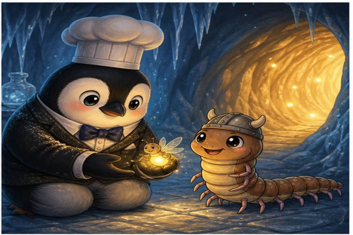 Sub-Zero the penguin shelters a small firefly while Centi-Peed looks up the warm tunnel.