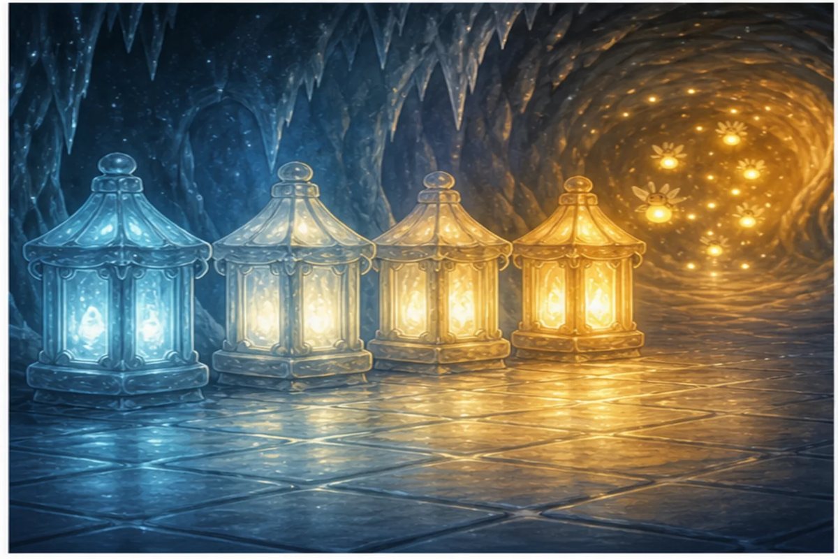 Four ice lanterns glow from cold blue to warm gold along the burrow floor.