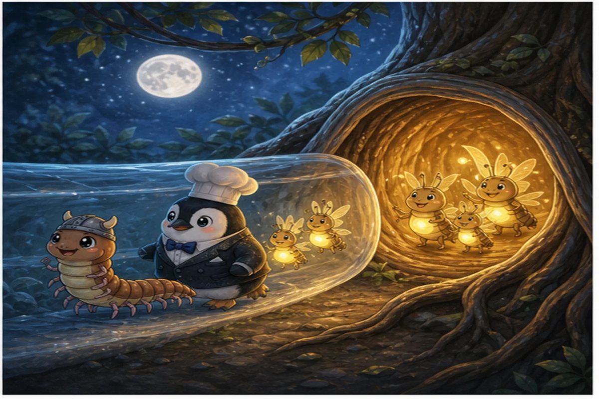 Centi-Peed and Sub-Zero lead the fireflies through a clear tunnel to the moonlit roots.