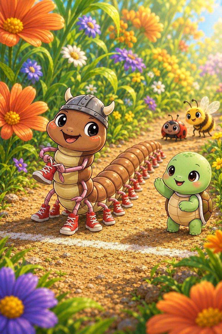 Centi-Peed, a brown centipede in a horned helmet, ties his red racing boots beside Shelly-Pop on a flower-lined path.