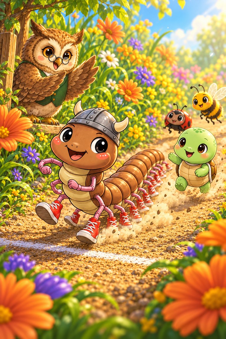 Wise Owl claps as Centi-Peed races ahead of Shelly-Pop and two small garden friends.