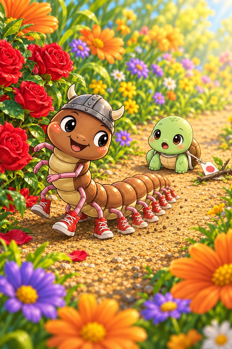 Centi-Peed stops beside Shelly-Pop, whose race tag is caught under a fallen twig near the roses.