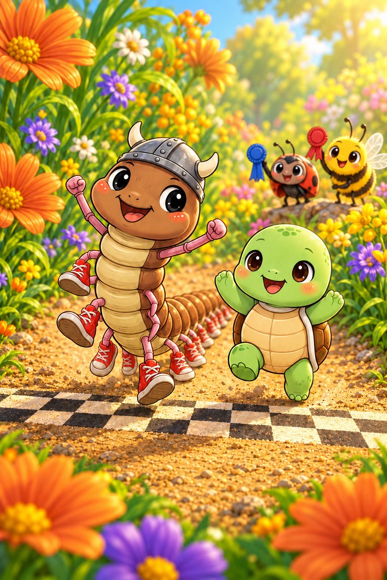 Centi-Peed and Shelly-Pop dance across the finish behind a bee and a ladybird holding their ribbons.