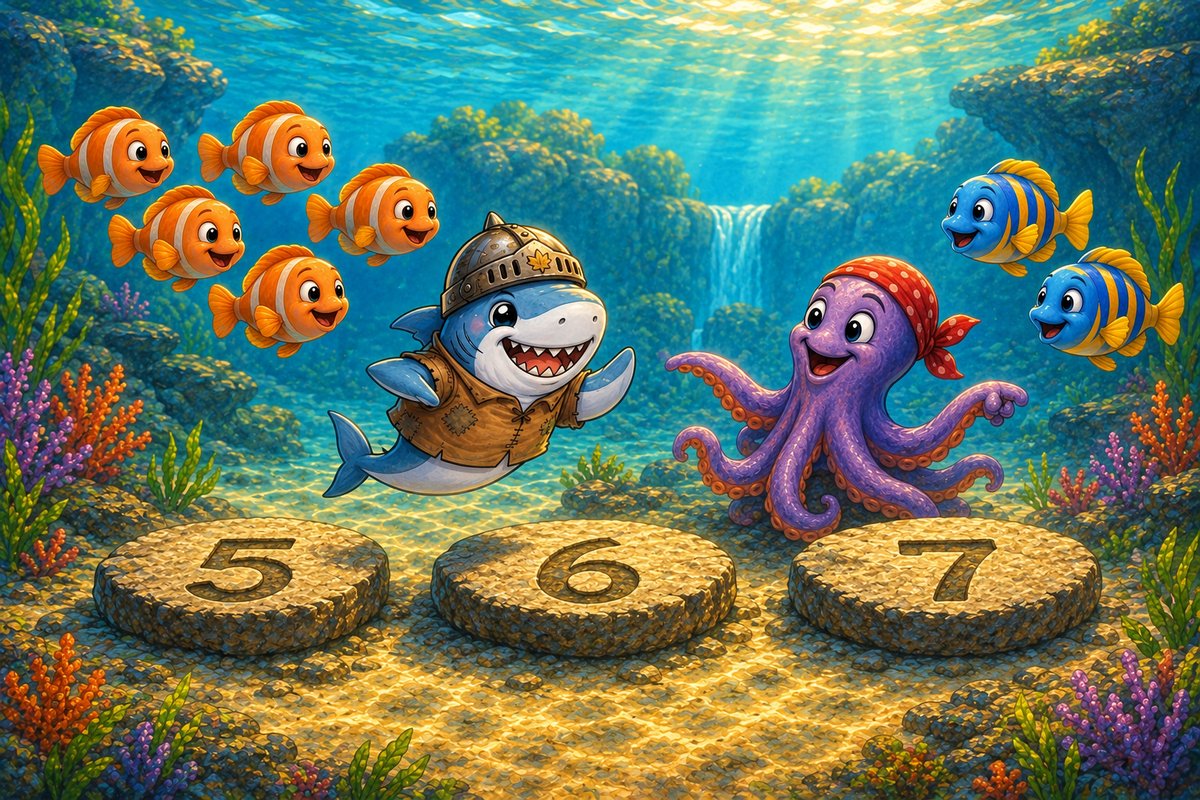 Five orange fish and two blue fish join above stones marked 5, 6 and 7 as Cereal-Swimmer hops forward.
