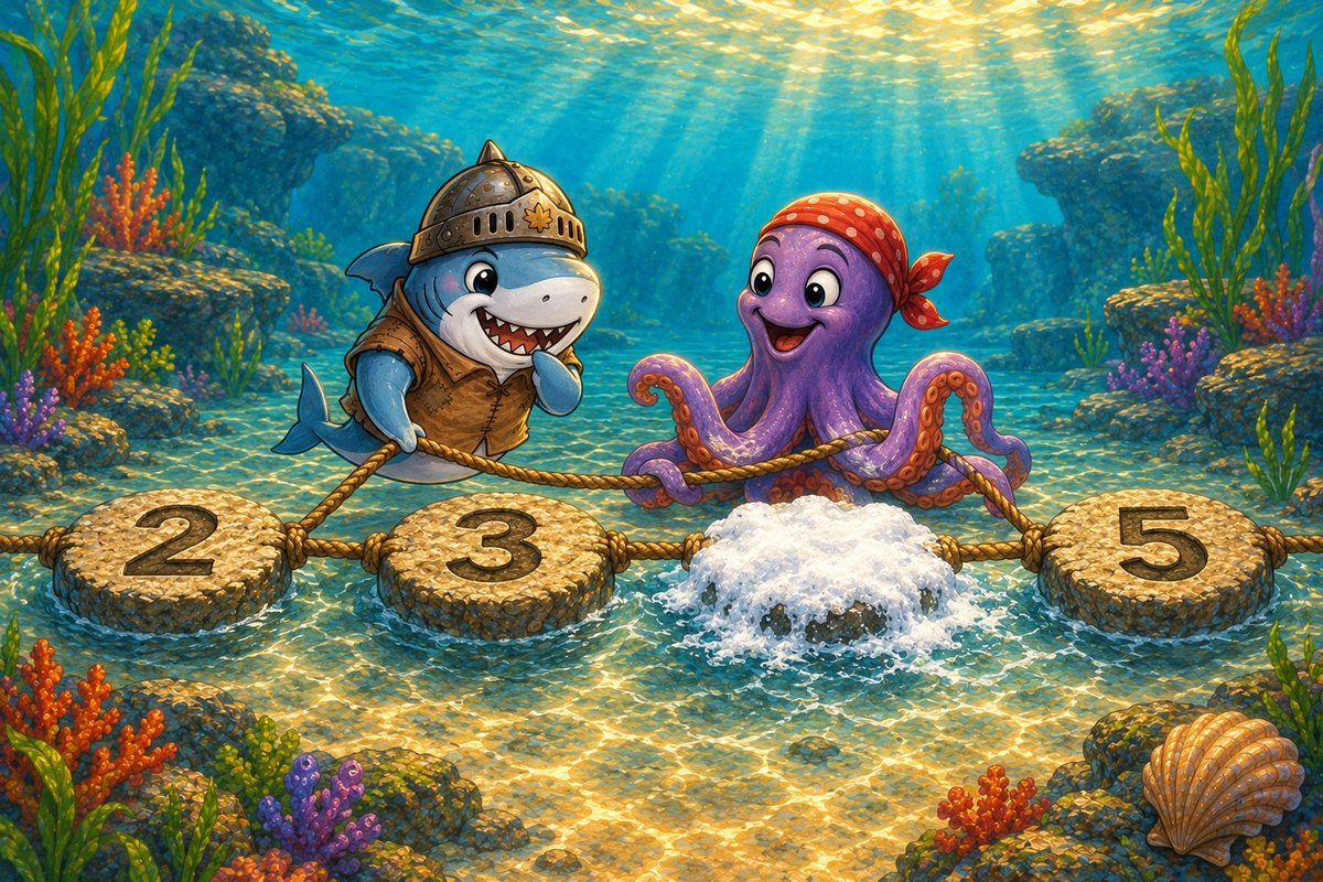Stones marked 2, 3 and 5 remain visible while foam hides the stone between 3 and 5; Octo-Pop steadies the rope.