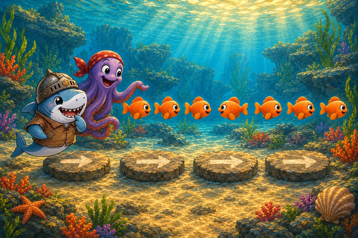 Seven fish follow right-pointing stone arrows, but the fourth fish faces left as Cereal-Swimmer and Octo-Pop pause.