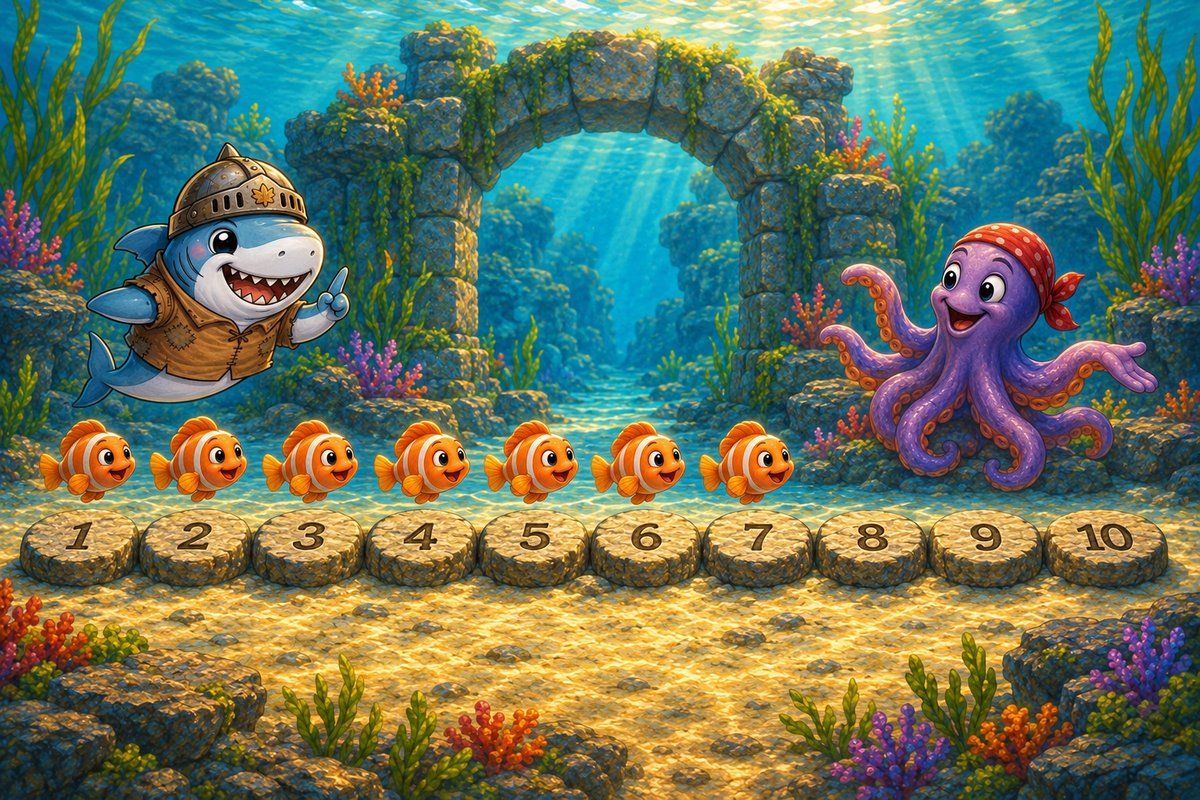 Seven fish hover over the first seven of ten stones numbered 1 to 10, leaving three places empty by the lagoon gate.