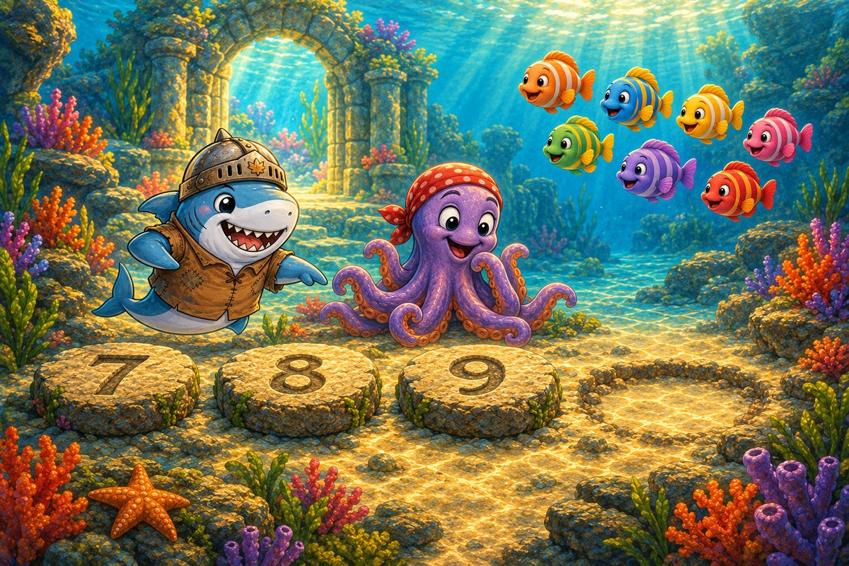 Stones 7, 8 and 9 lead to an empty final space while the friends and seven fish wait beside the coral garden.