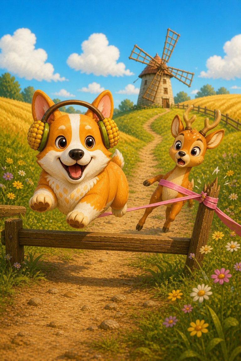 Corgi clears a low fence while Ginger-Deer's pink race ribbon catches on a wooden splinter.