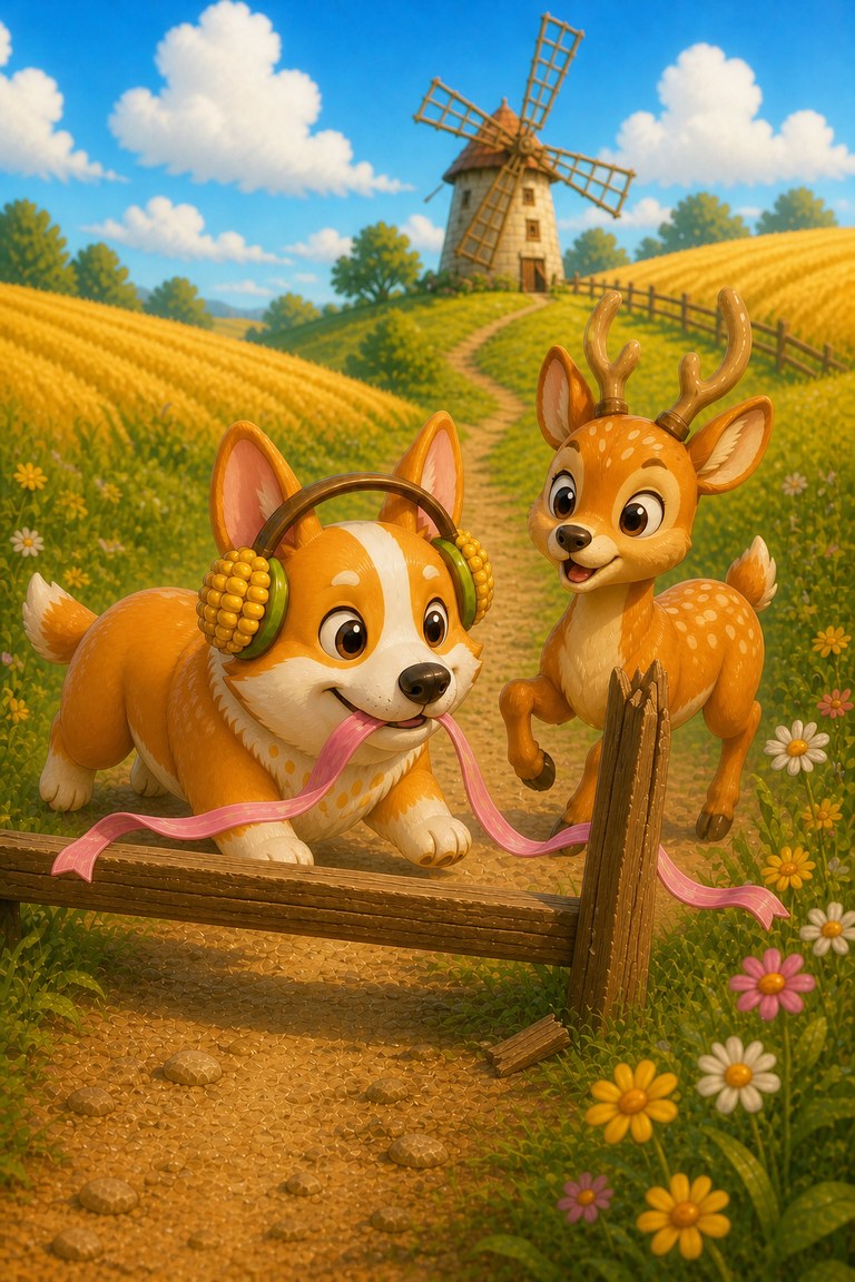 Corgi returns to the fence and takes Ginger's caught ribbon gently in his mouth.