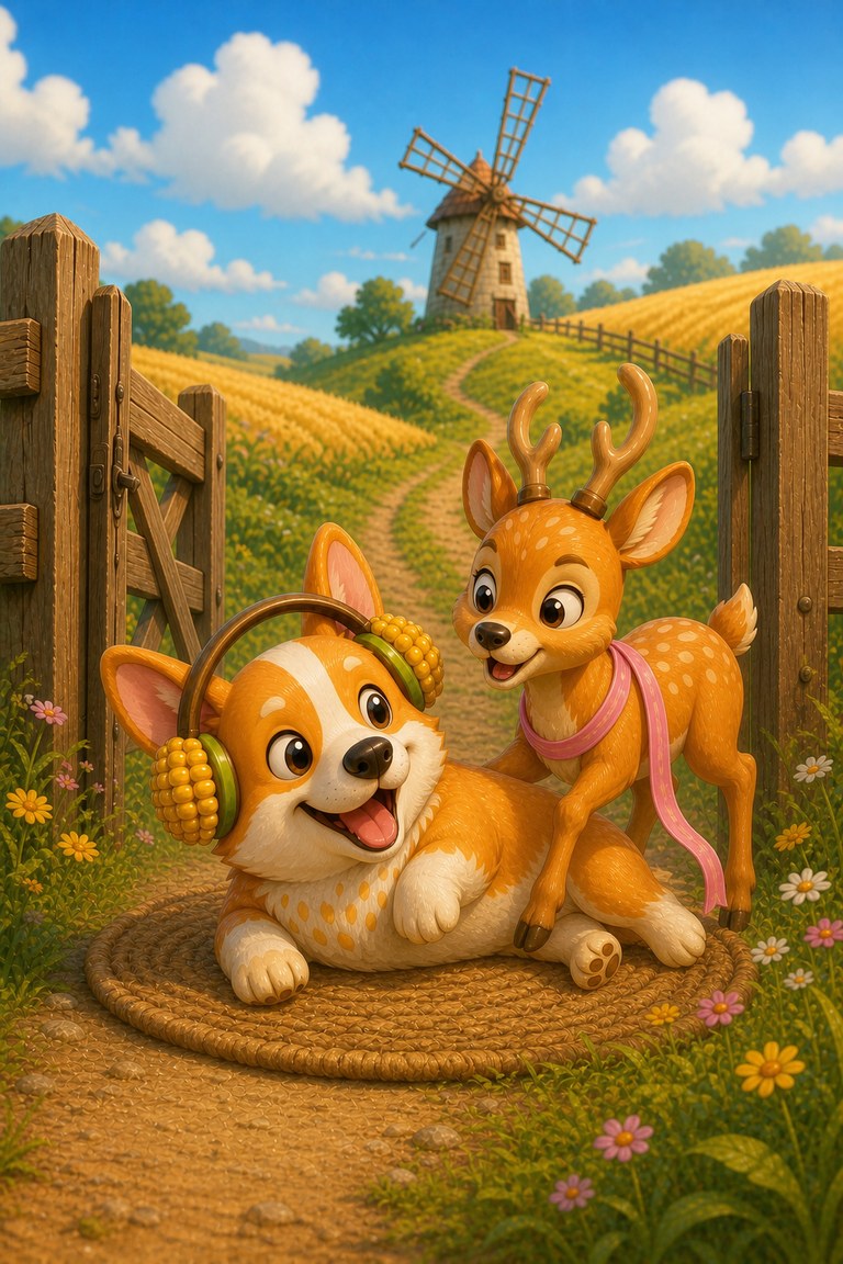 Corgi rests laughing on a woven mat beside Ginger-Deer, whose pink ribbon is free.
