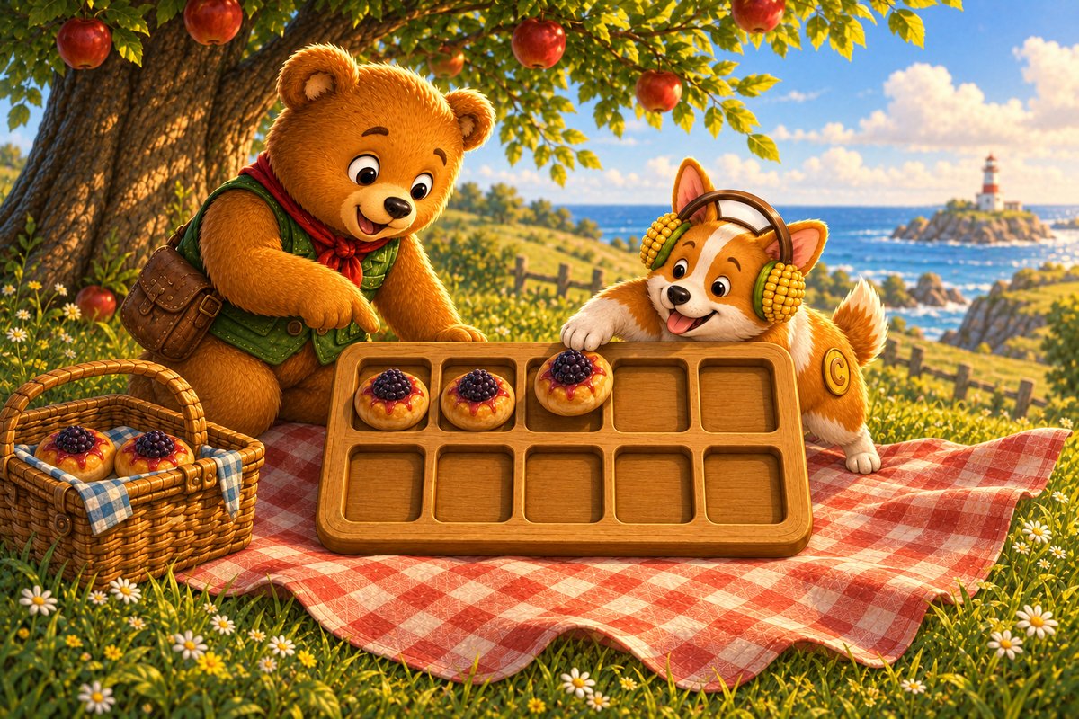 Corgi places the third berry bun in the top row of the ten-frame as Ted points at the three filled spaces.