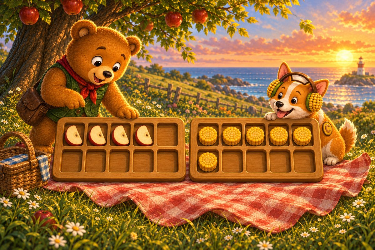 Two ten-frames side by side at sunset: four apple slices on Ted's board and six corn cakes on Corgi's.