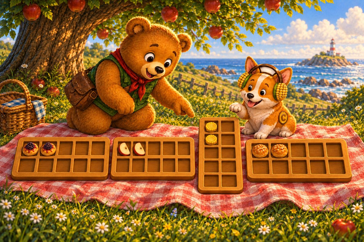 Four picnic frames in a row; the third is turned sideways so its spaces run top to bottom, and Ted points it out.