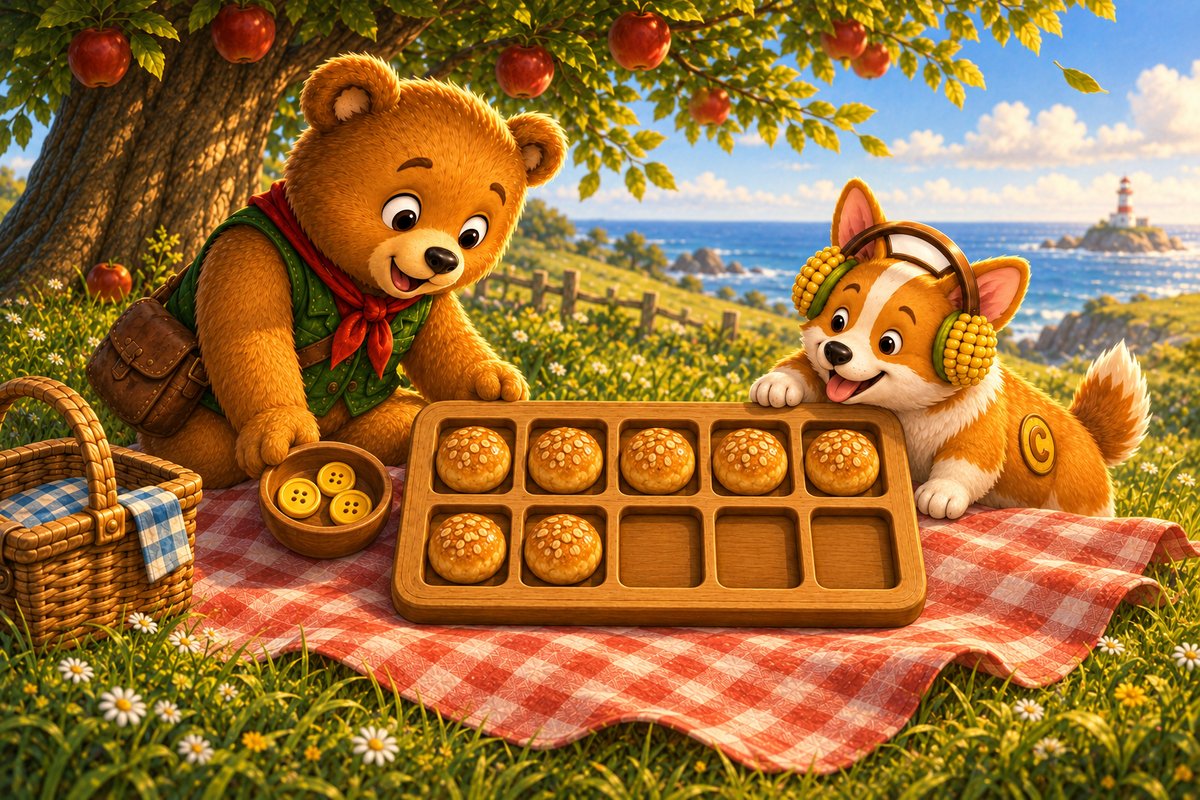 Seven golden treats fill the ten-frame, with three empty spaces left, as Ted brings a bowl of honey buttons.