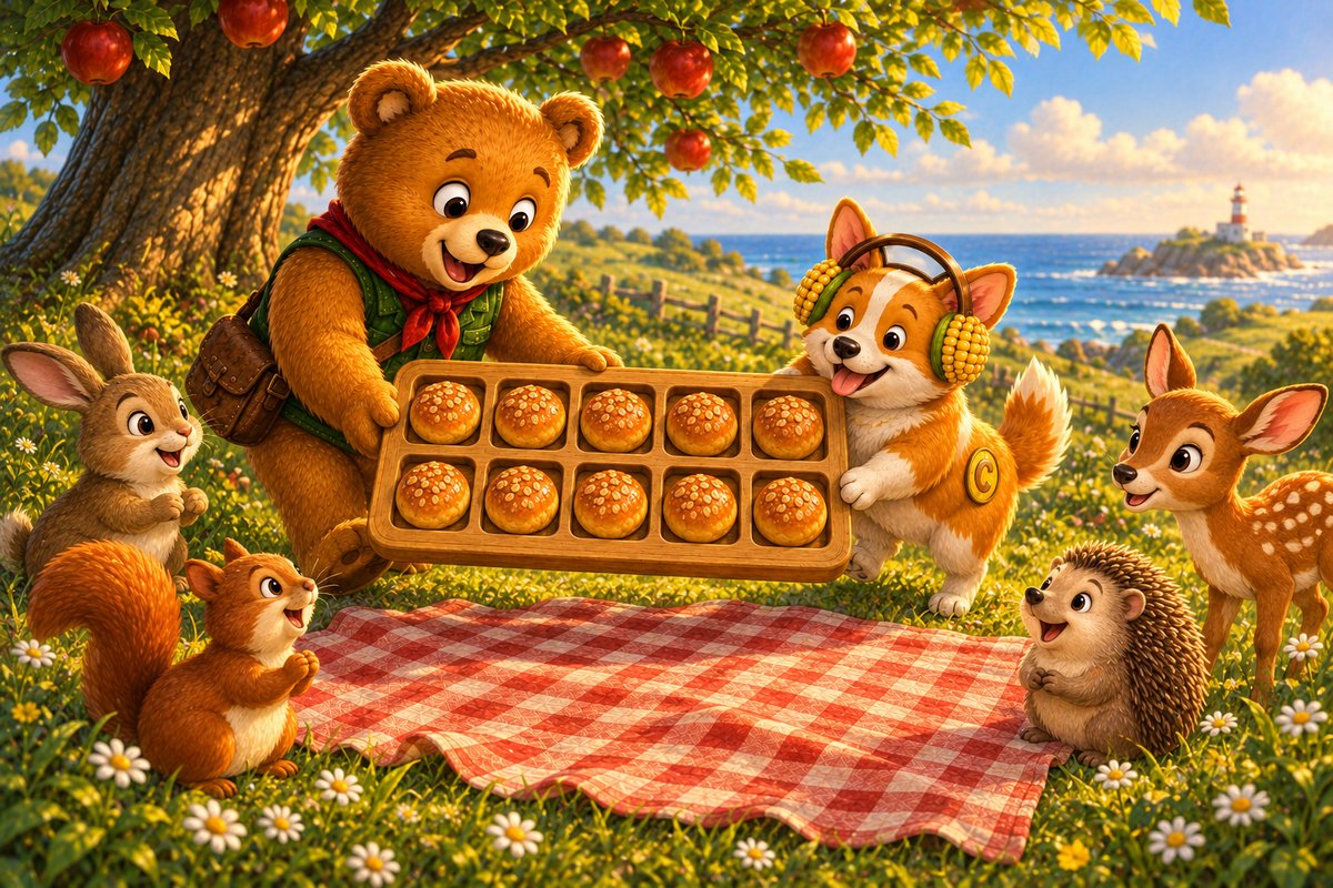 Ted carries the full ten-frame, ten treats in two rows of five, while Corgi and woodland guests gather round.