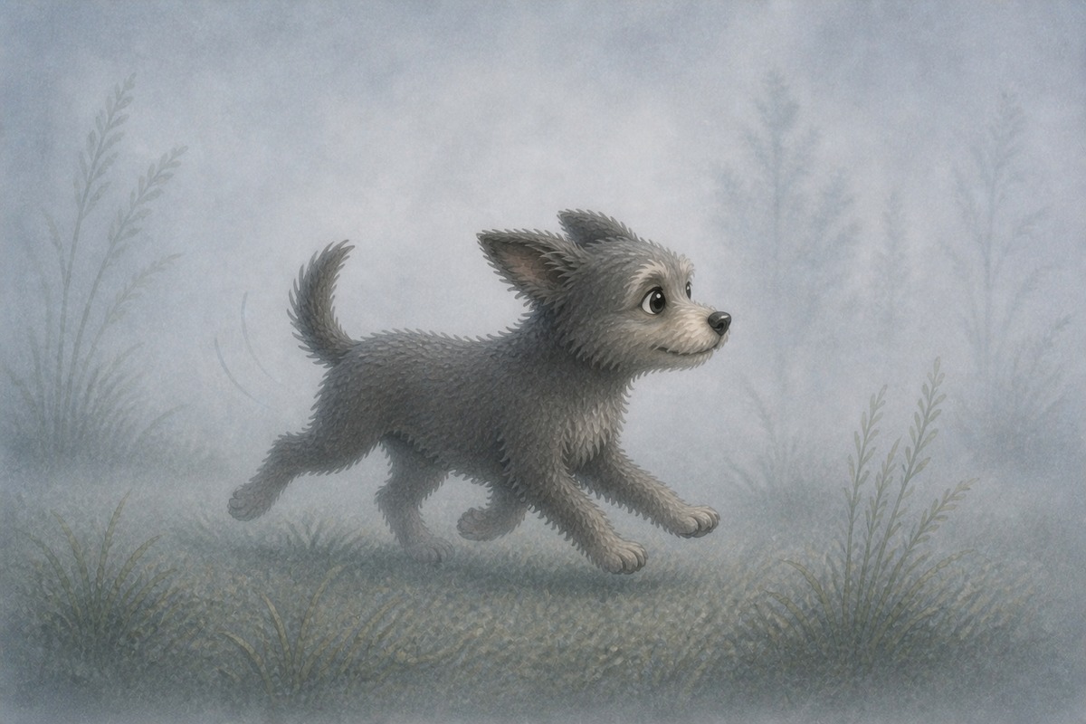 The dog ran in the fog.