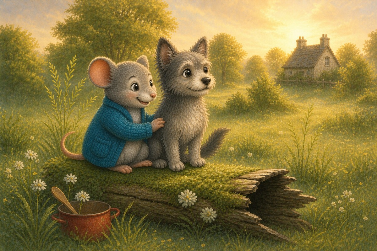 Nan and the dog sit on the log.