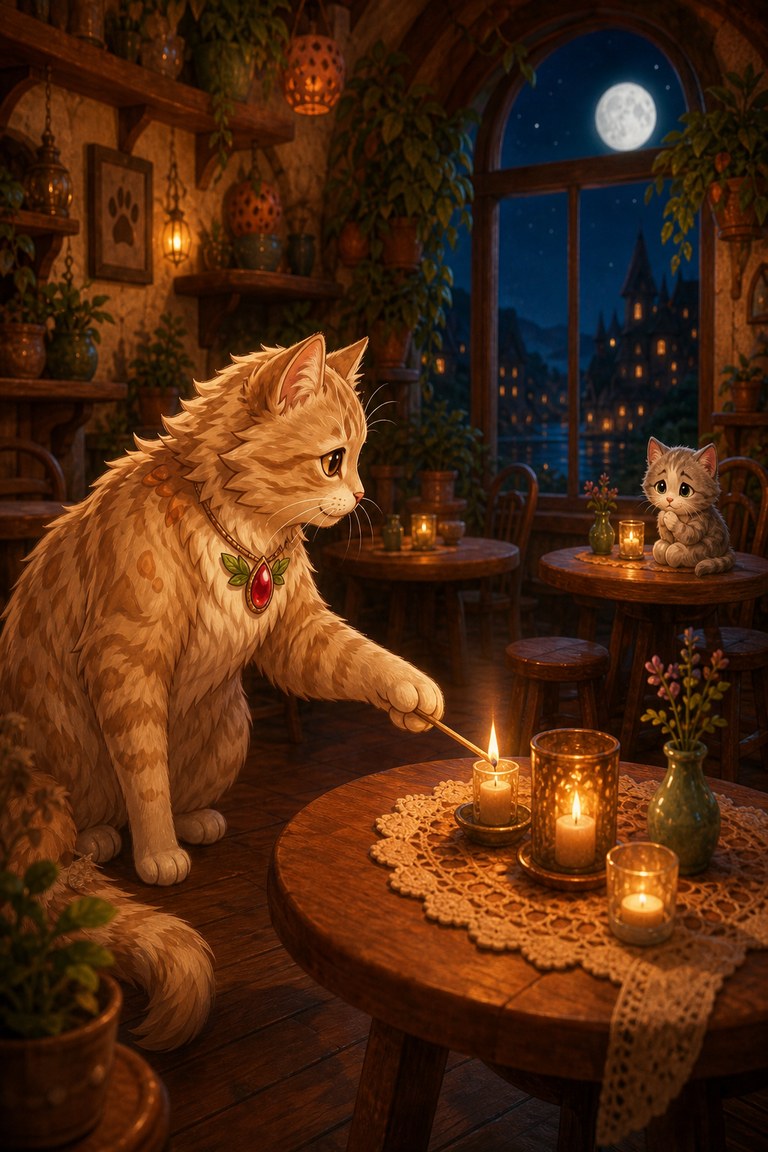 Fe-Line-Mignon lights candles on the café tables while a small grey kitten sits alone by the window.