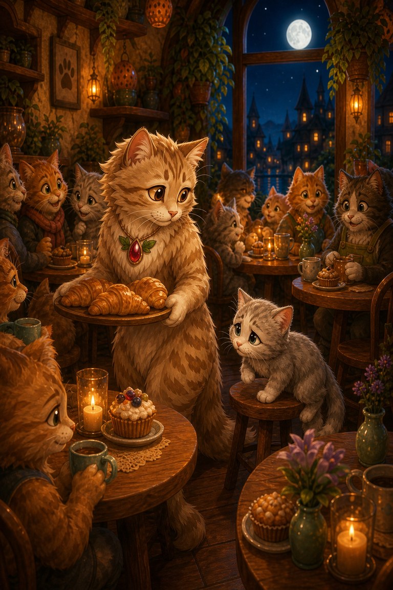 Meow-inara carries a tray of croissants past full tables as the kitten watches.