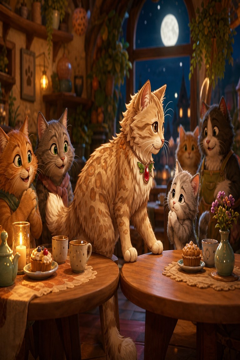 The café guests push their little tables together so there is room for everyone.