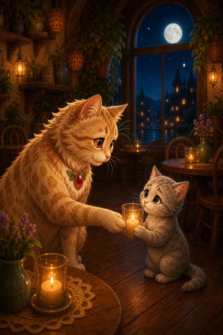 Fe-Line-Mignon gives the kitten a glowing candle by the window.
