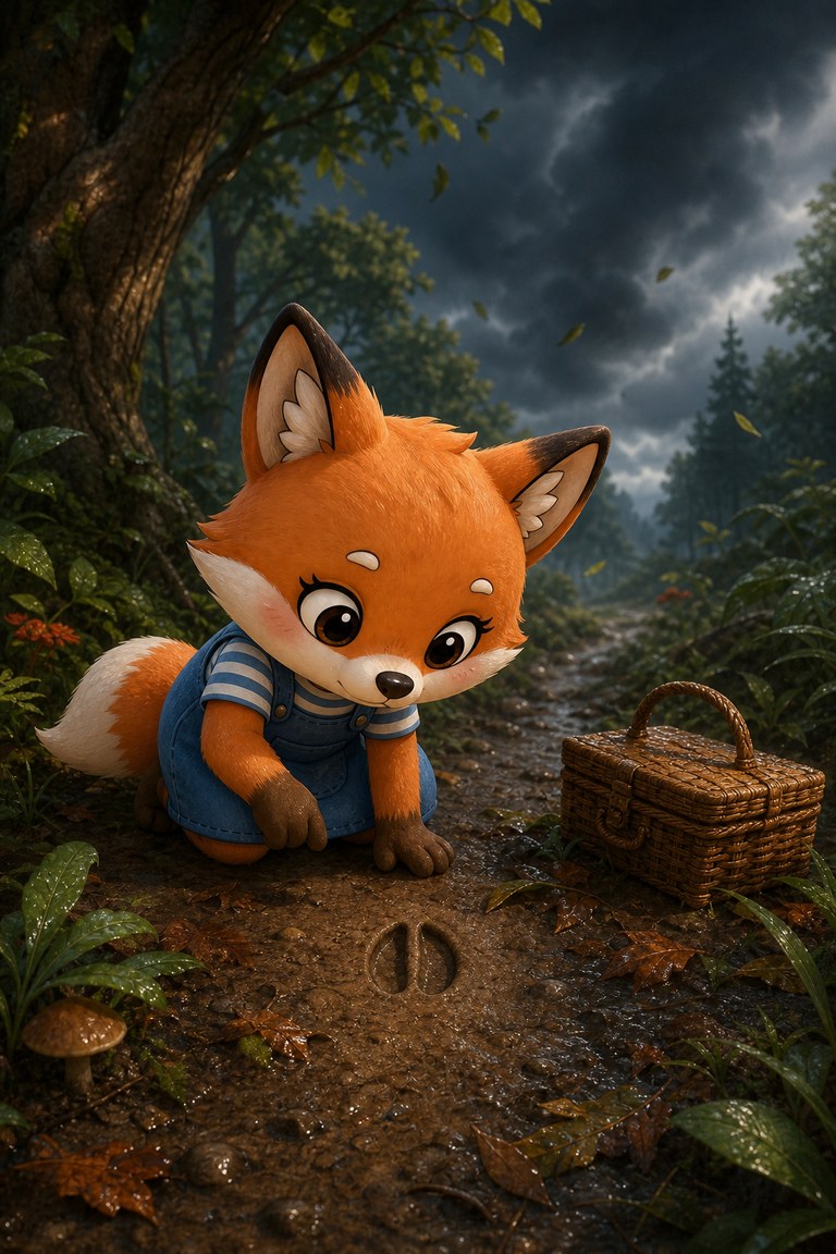 Foxy-Lox looks at a small hoof print beside an uncollected picnic basket under stormy skies.