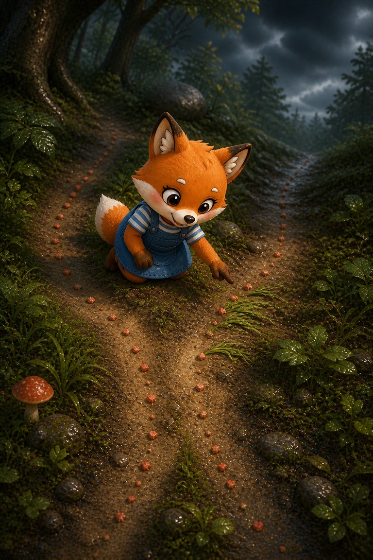 Foxy follows a trail of crumbs to the place where the path divides.